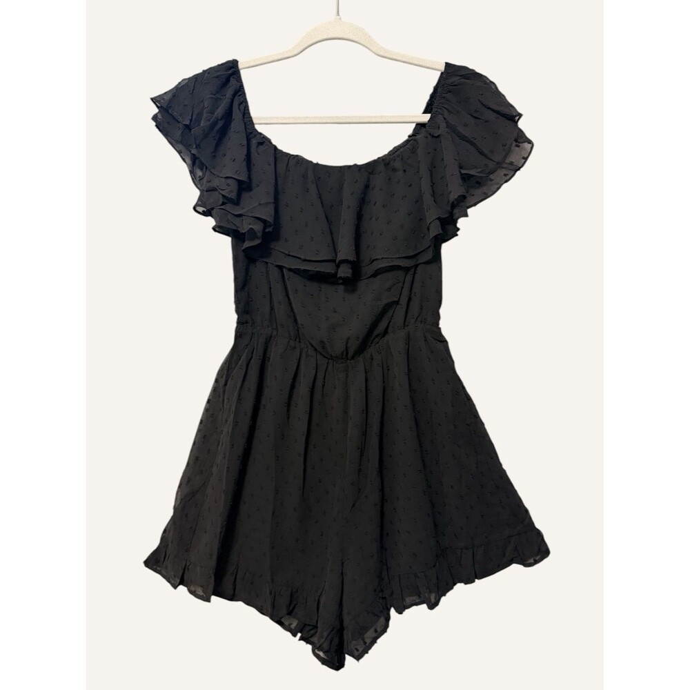 Lulus Ruffled Off The Shoulder Romper NWT Size Small Black Clip Dot Flowy